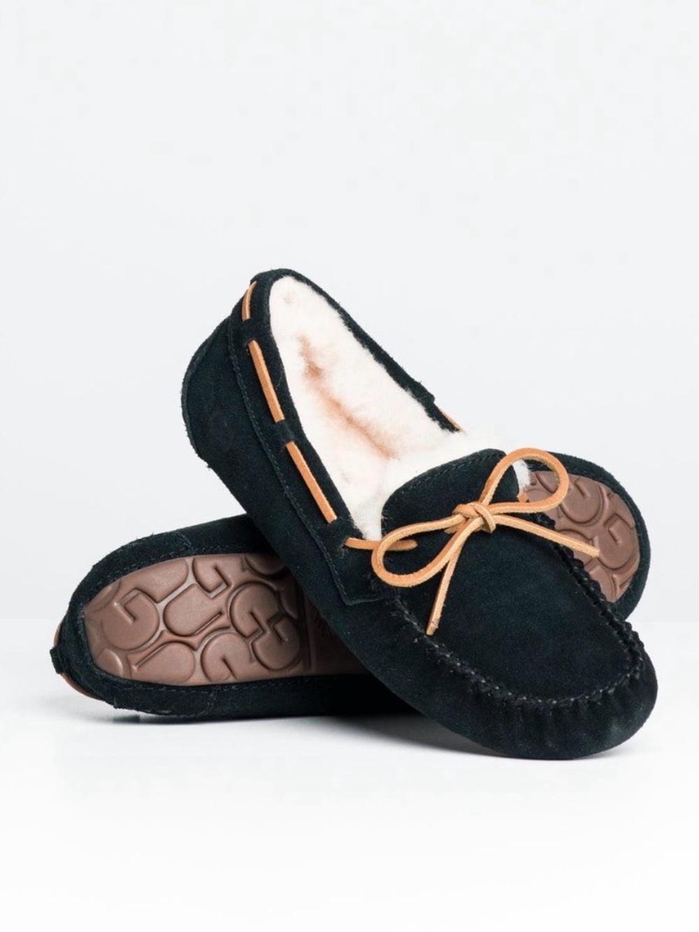 UGG Dakota Black Suede Moccasin Slippers with Sheepskin Lining